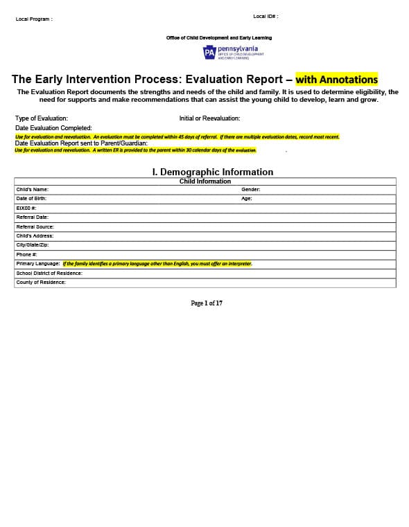 EI Evaluation Report (ER)