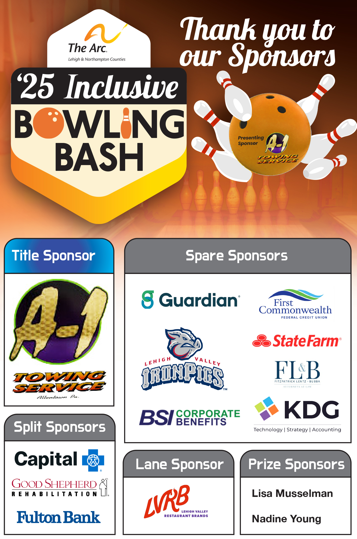 A thank you image to highlight all 13 of The Arc's 2025 Bowling Bash sponsors.